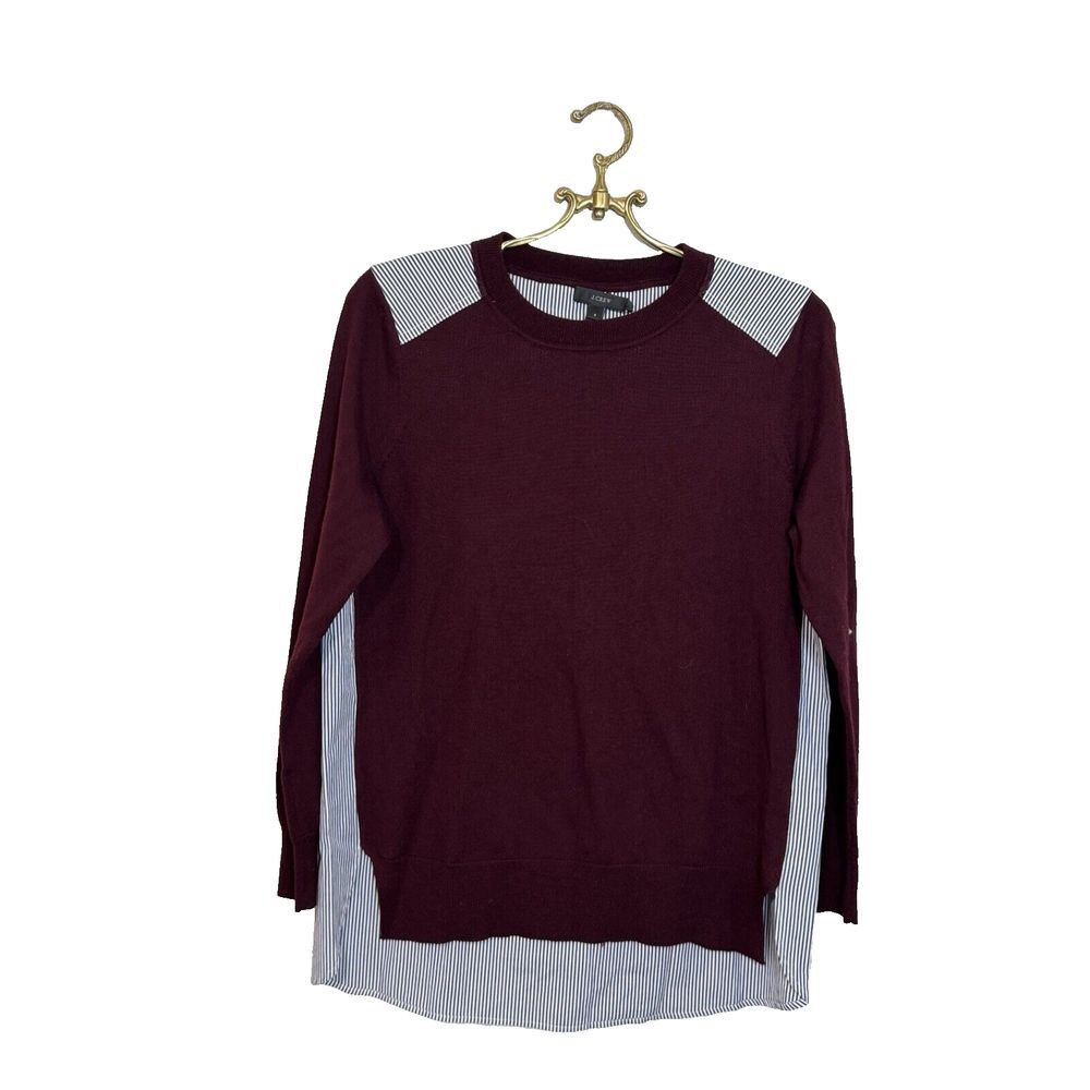 J. Crew Mixed‎ Media Striped Merino Wool Burgundy Red  Sweater S Style A9658
